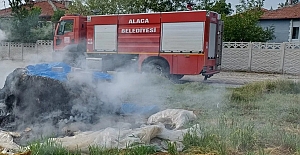 Çorum'da korkutan yangın: Büyük sap balyaları alev alev yandı